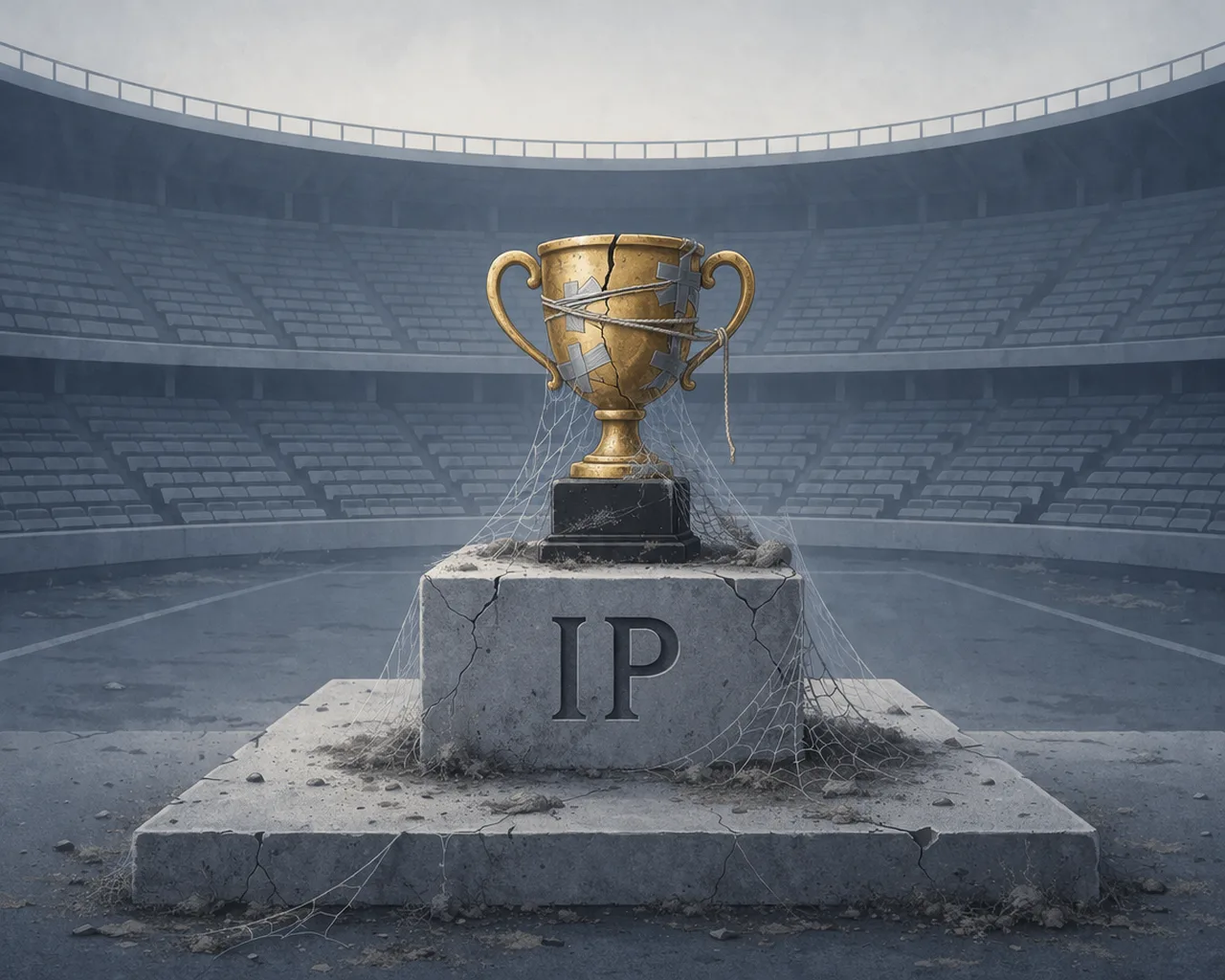 A cracked, taped-together golden trophy bound with cord, on a crumbling pedestal engraved 'IP' in an empty stadium.