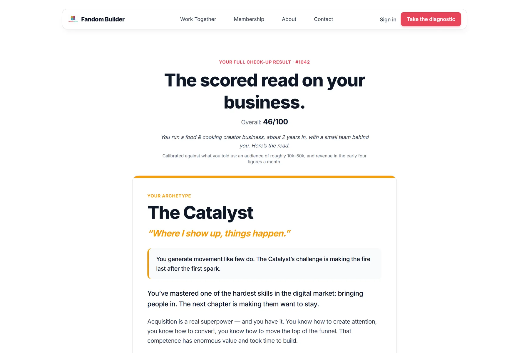 A real Full Check-Up result page: The Catalyst archetype, scored 46 out of 100, with the honest read underneath.