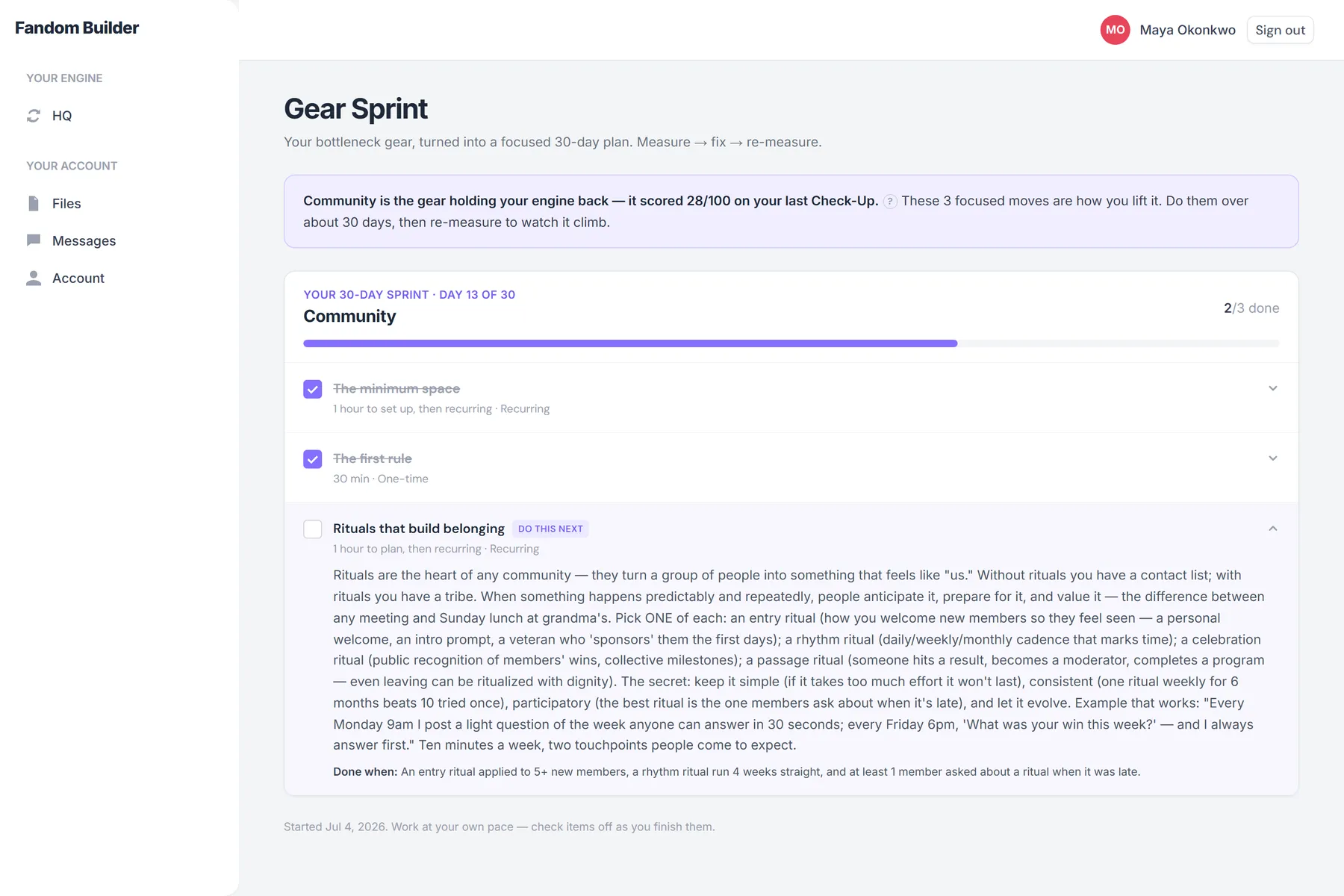 The 30-day Gear Sprint on the Community gear, two of three moves done, day 13 of 30.